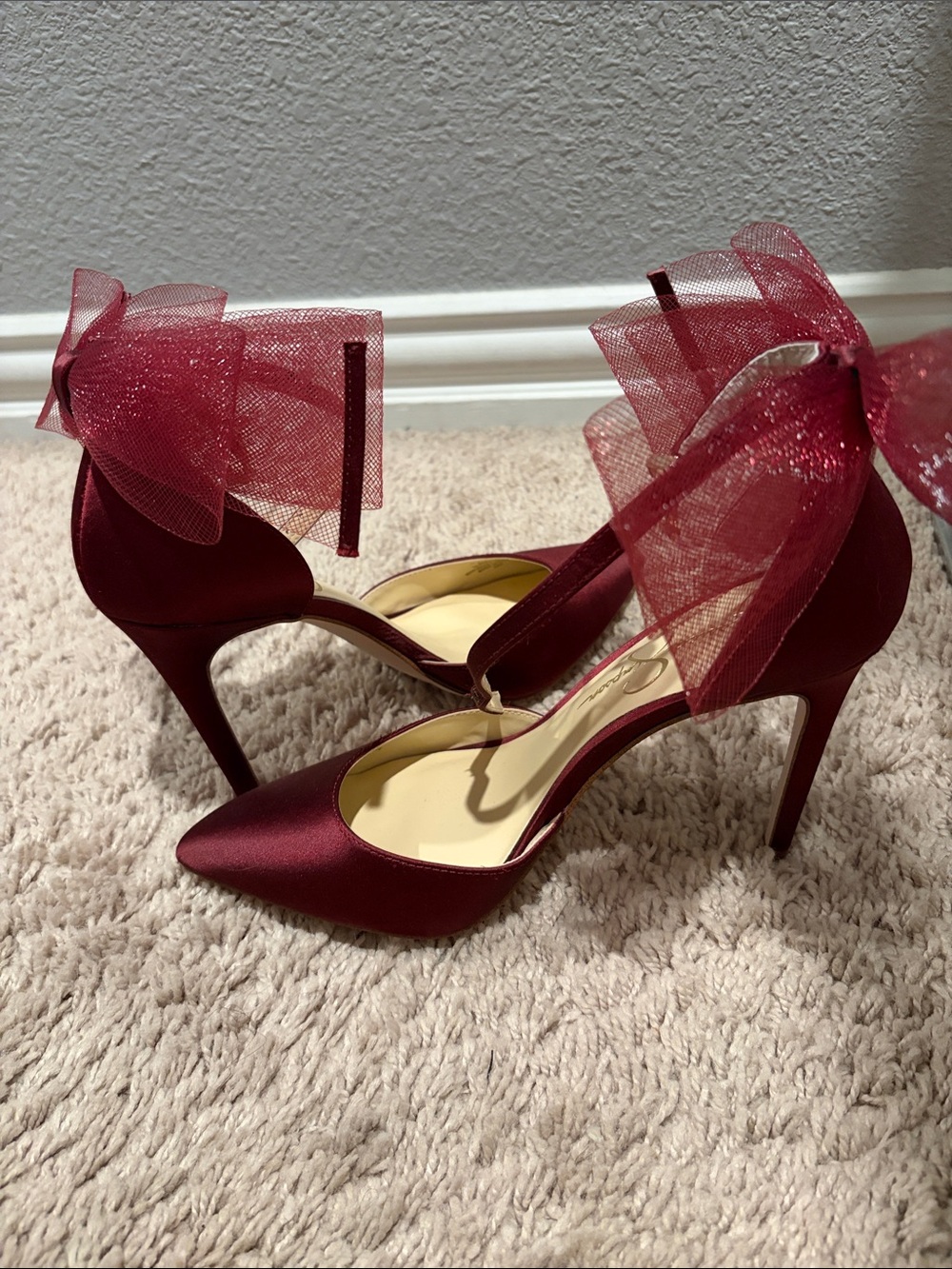 Jessica Simpson Burgundy Satin Pointed-Toe Heels with Tulle Ankle Bows